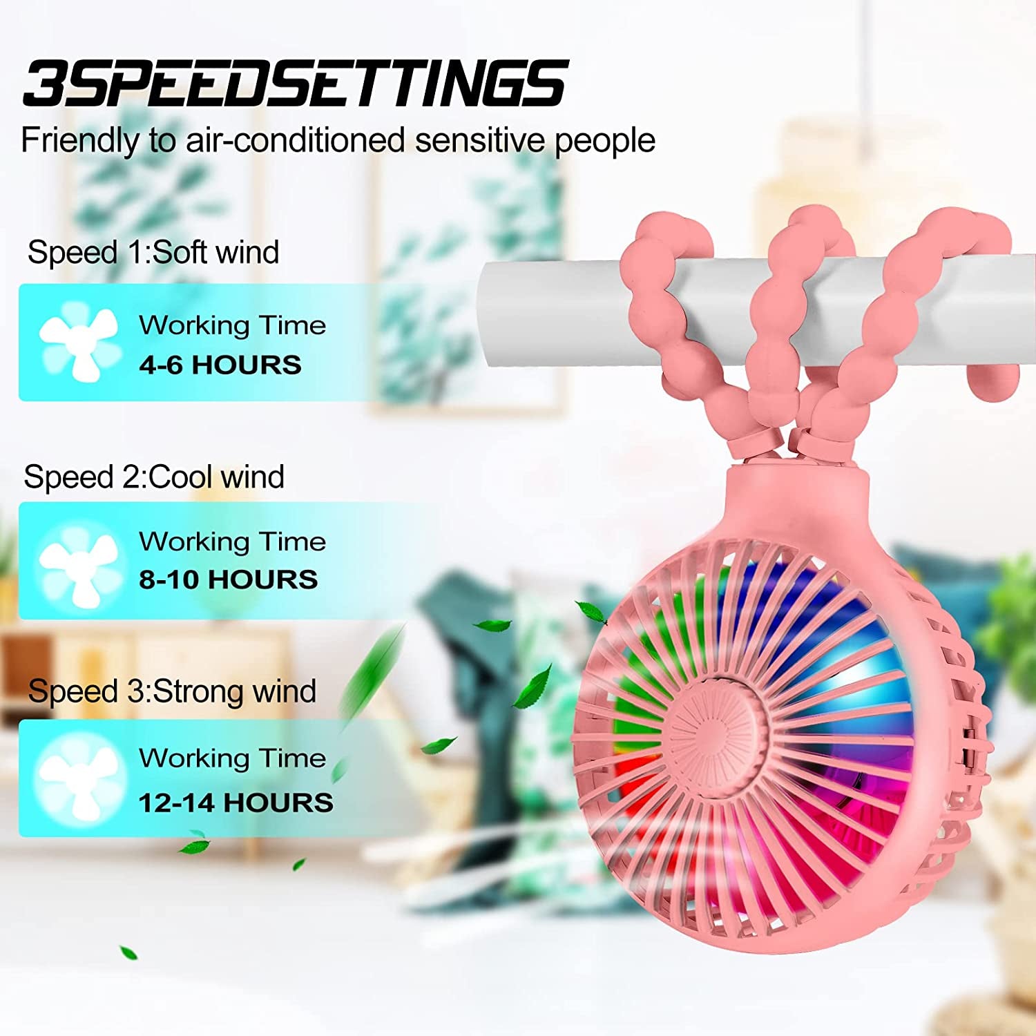 Stroller Fan Upgraded Portable Fan Versatile Fan Personal Desk Fan USB Rechargeable Fan with LED Light and Aromatherapy Flexible Tripod Design Handheld Fan 3 Speeds Baby Fan for Stroller(Pink)