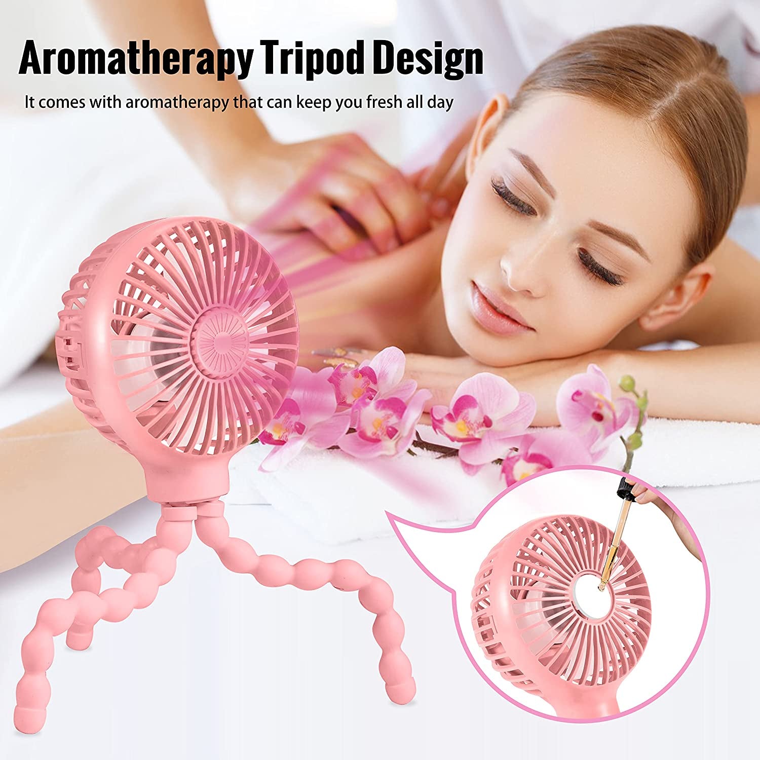 Stroller Fan Upgraded Portable Fan Versatile Fan Personal Desk Fan USB Rechargeable Fan with LED Light and Aromatherapy Flexible Tripod Design Handheld Fan 3 Speeds Baby Fan for Stroller(Pink)