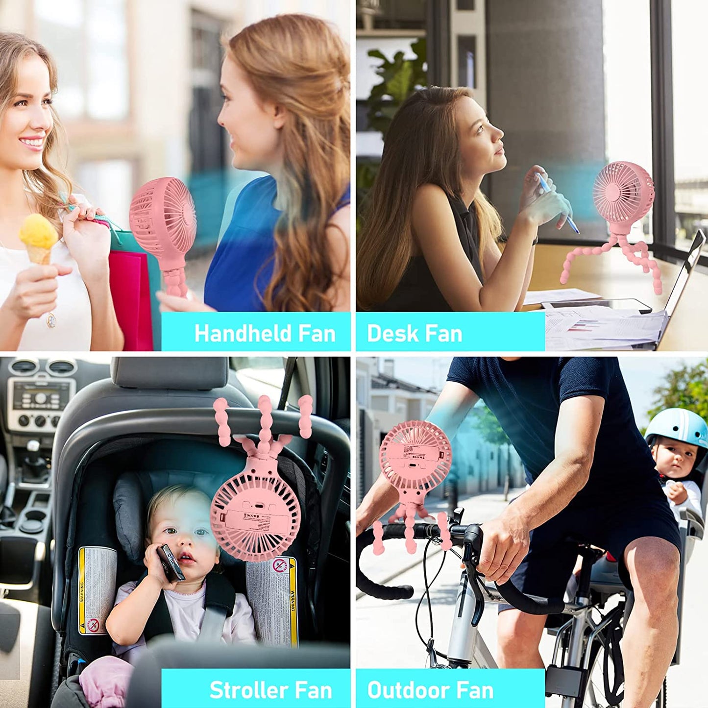 Stroller Fan Upgraded Portable Fan Versatile Fan Personal Desk Fan USB Rechargeable Fan with LED Light and Aromatherapy Flexible Tripod Design Handheld Fan 3 Speeds Baby Fan for Stroller(Pink)
