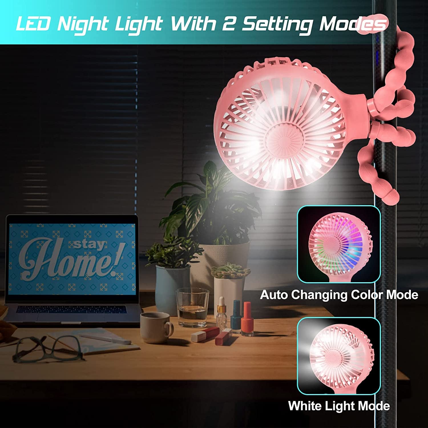 Stroller Fan Upgraded Portable Fan Versatile Fan Personal Desk Fan USB Rechargeable Fan with LED Light and Aromatherapy Flexible Tripod Design Handheld Fan 3 Speeds Baby Fan for Stroller(Pink)