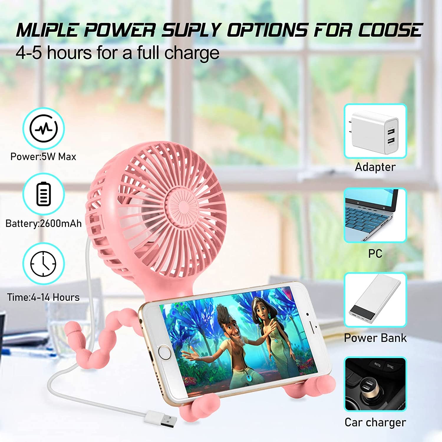 Stroller Fan Upgraded Portable Fan Versatile Fan Personal Desk Fan USB Rechargeable Fan with LED Light and Aromatherapy Flexible Tripod Design Handheld Fan 3 Speeds Baby Fan for Stroller(Pink)